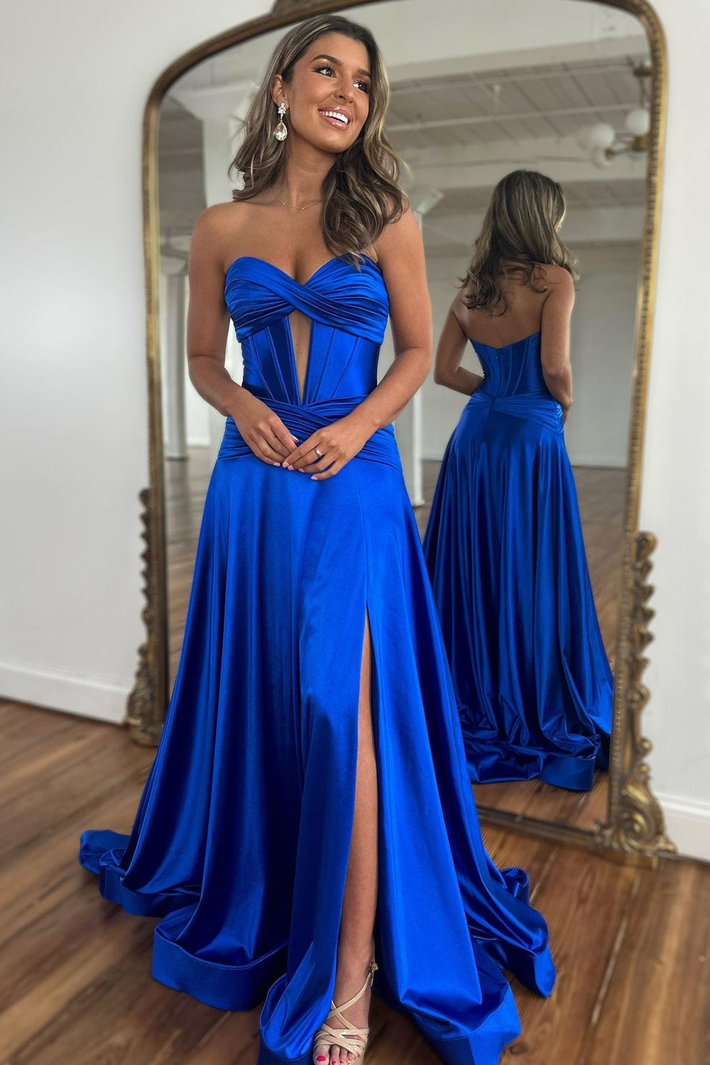 Royal Blue Satin A-Line Strapless Long Prom Dress With Split - VelvetHem