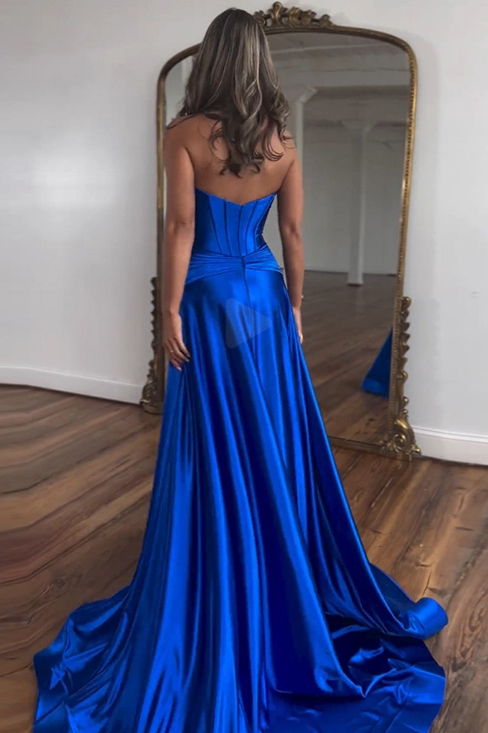 Royal Blue Satin A-Line Strapless Long Prom Dress With Split - View 2 | VelvetHem