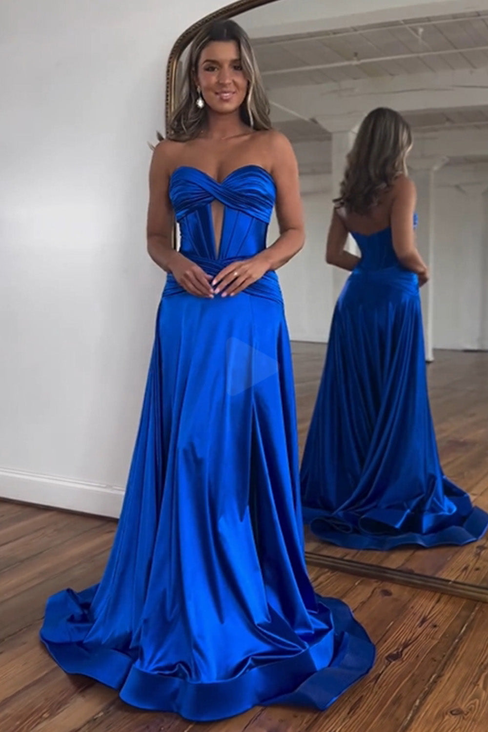 Royal Blue Satin A-Line Strapless Long Prom Dress With Split - View 3 | VelvetHem