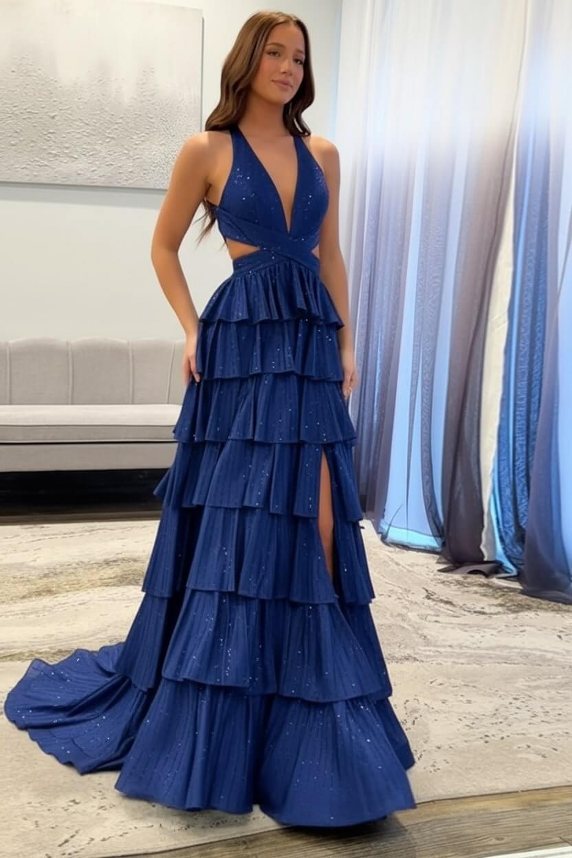 Halter Silver Prom Dress Tiered A-Line Long Formal Dress With Slit