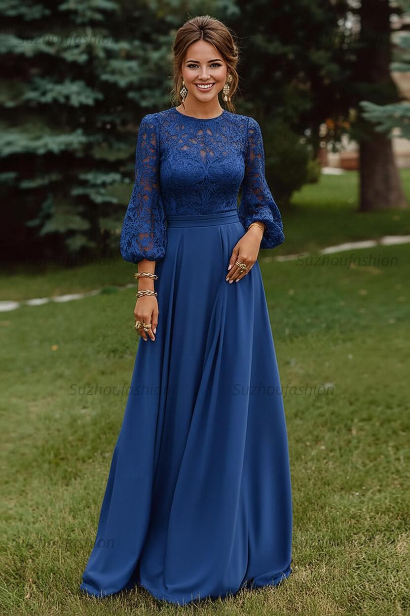 Lace Dusty Rose Puff Sleeves A Line Floor Length Mother Of The Bride Dress