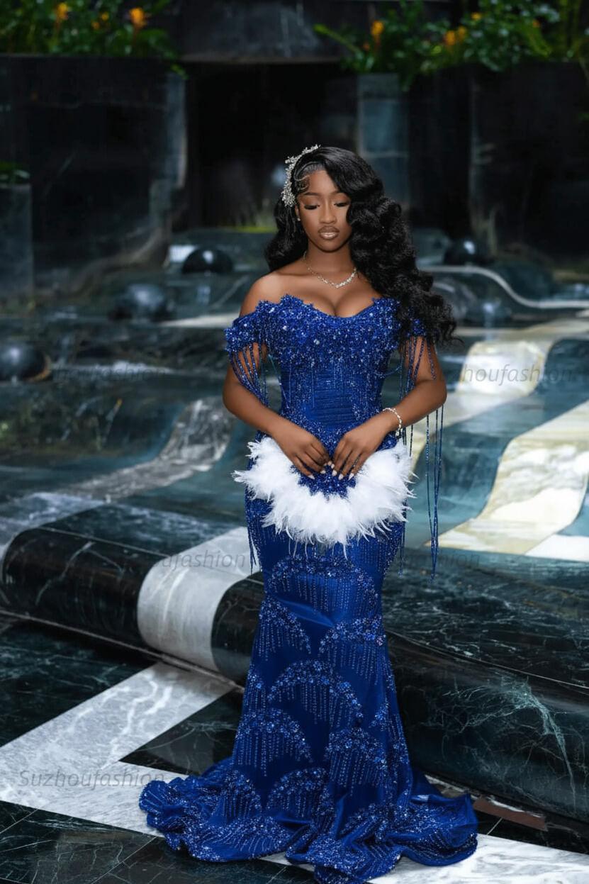 Off the Shoulder Prom Dress Mermaid Formal Evening Dress with Beadings and Rhinestones