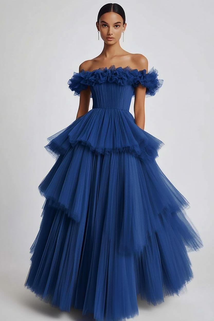 Dusty Sage Prom Dress Tulle Off The Shoulder Ball Gown Formal Dress With Ruffles
