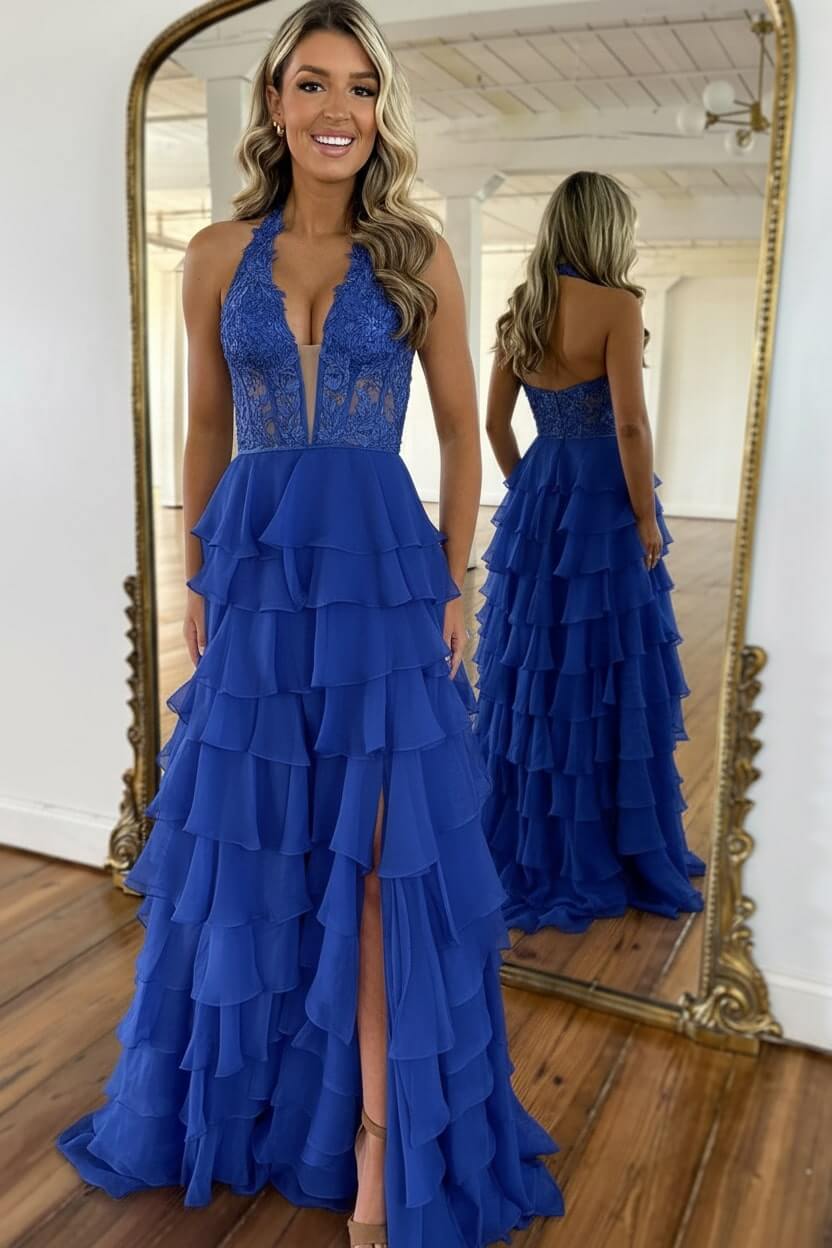 Sky Blue Prom Dress Ruffled Halter Corset Formal Dress With Slit
