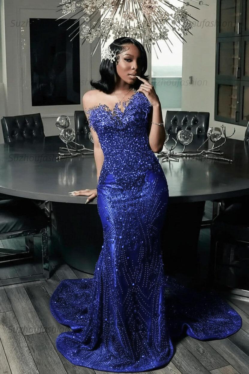 Green Mermaid Prom Dress Sleeveless Formal Evening Dress with Beadings and Rhinestones