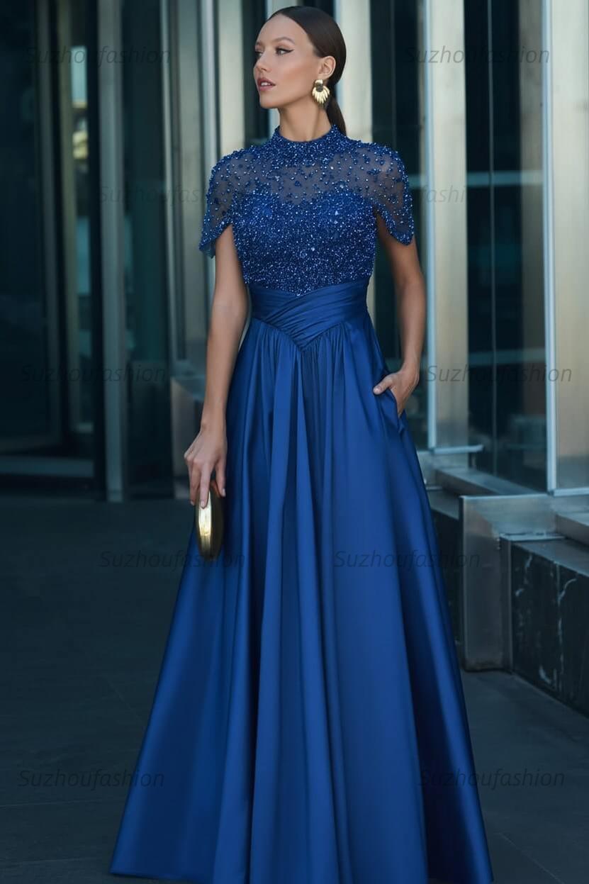 High Neck Short Sleeves Long Evening Formal Dress With Beading Pockets