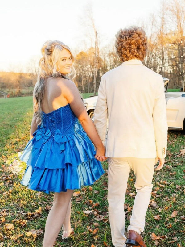 A-Line Strapless Short Satin Homecoming Dress With Beading