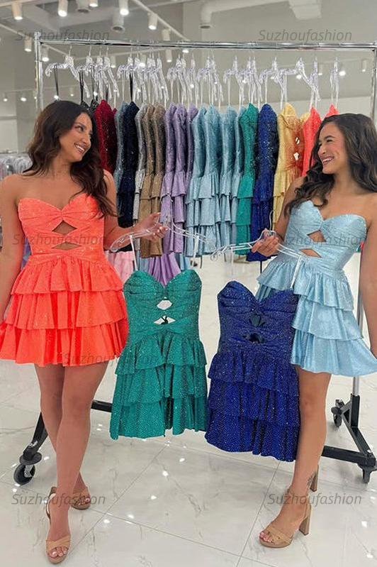 Orange A Line Homecoming Dresses Tiered Short Cocktail Dresses With Beading