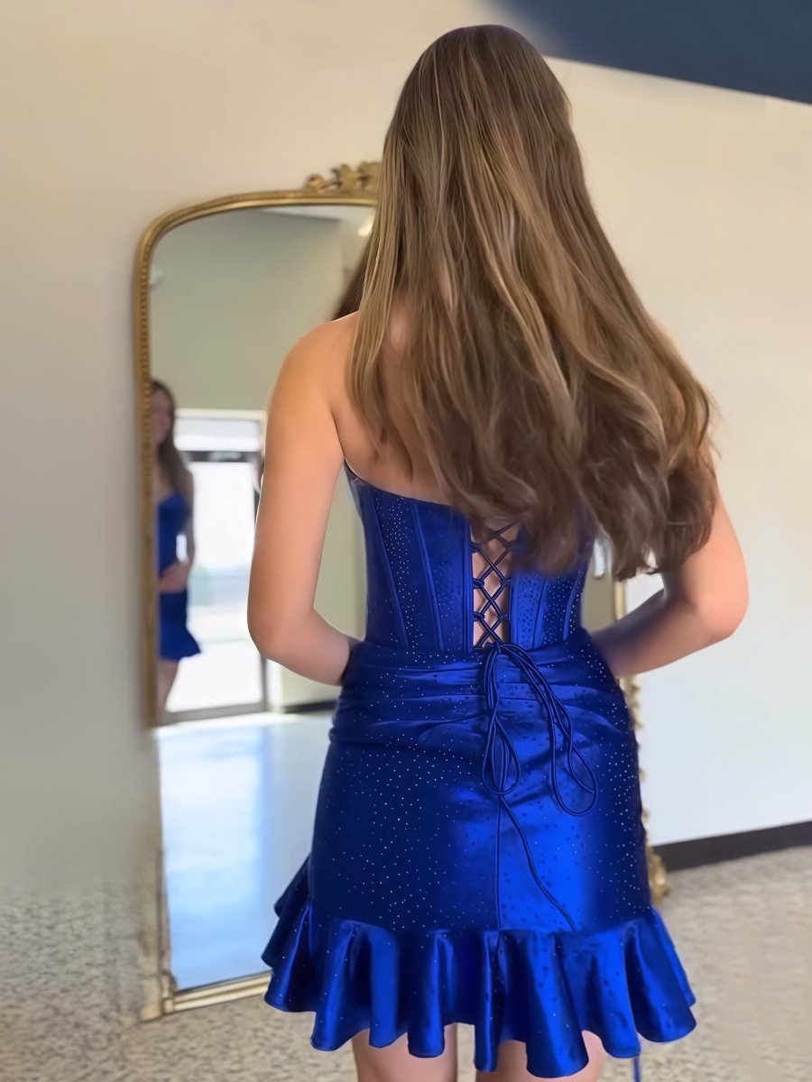 Strapless Bodycon Ruffles Short Homecoming Dresses With Beading