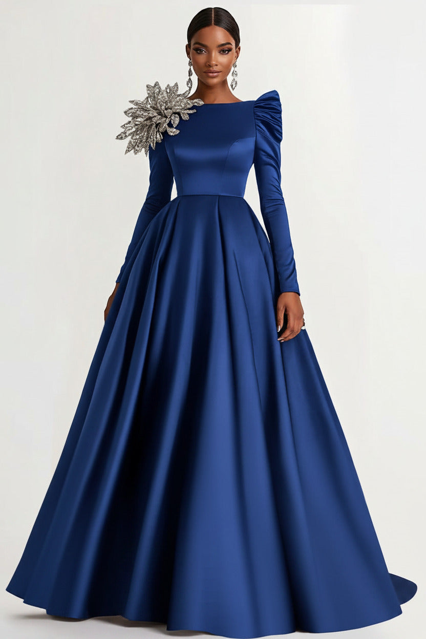A-Line Long Black Wedding Guest Dress Satin Boat Neck Formal Dress With Long Sleeves
