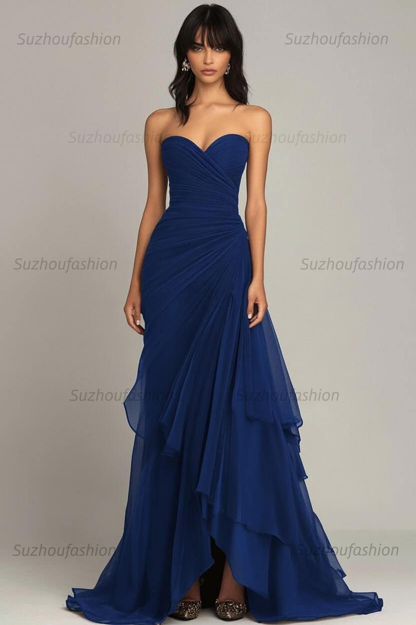 Elegant Sweetheart Ruched Dark Brown Long Formal Dress With Ruffles
