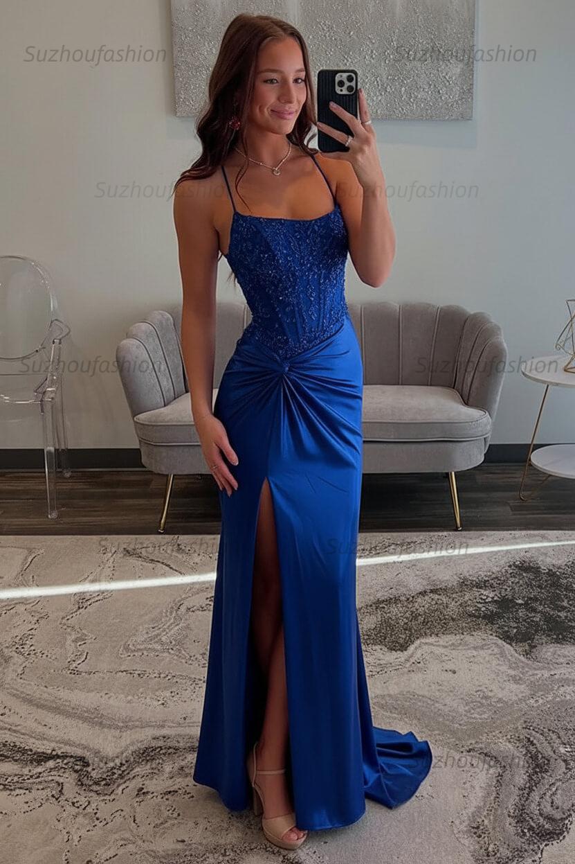 Red Prom Dress Spaghetti Straps Ruhed Long Lace Formal Dress With Appliques