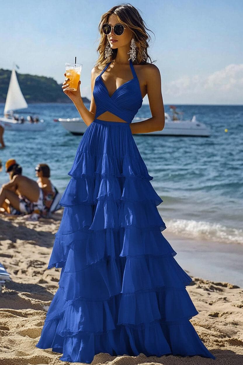 Halter Tiered White 2 Piece Ruffled Formal Dress