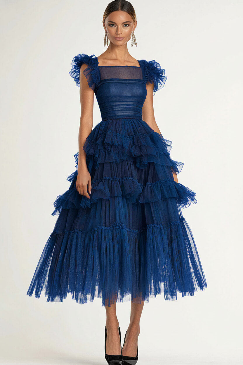 Tea Length Black Wedding Guest Dress A-Line Flatter Sleeves Tulle Formal Dress With Ruffles