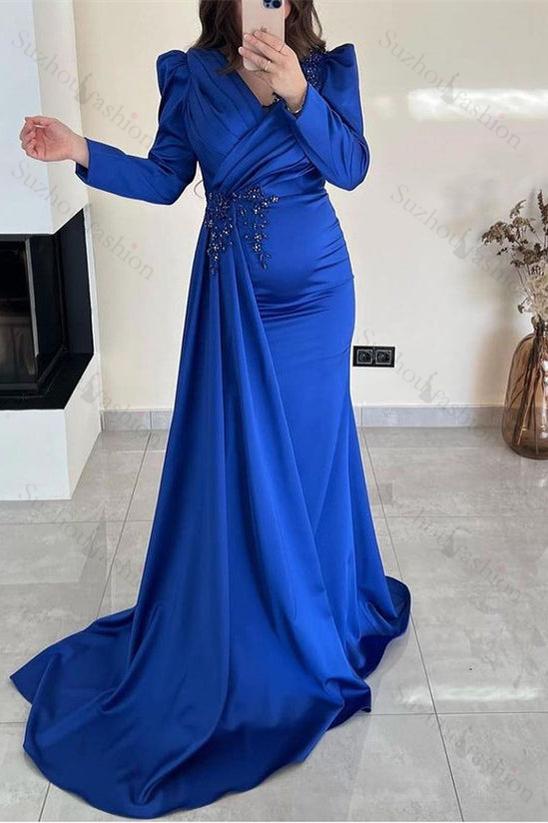 Ruffled Mermaid Prom Dress Beaded Long Sleeve Pleated Evening Formal Dress With Front Split