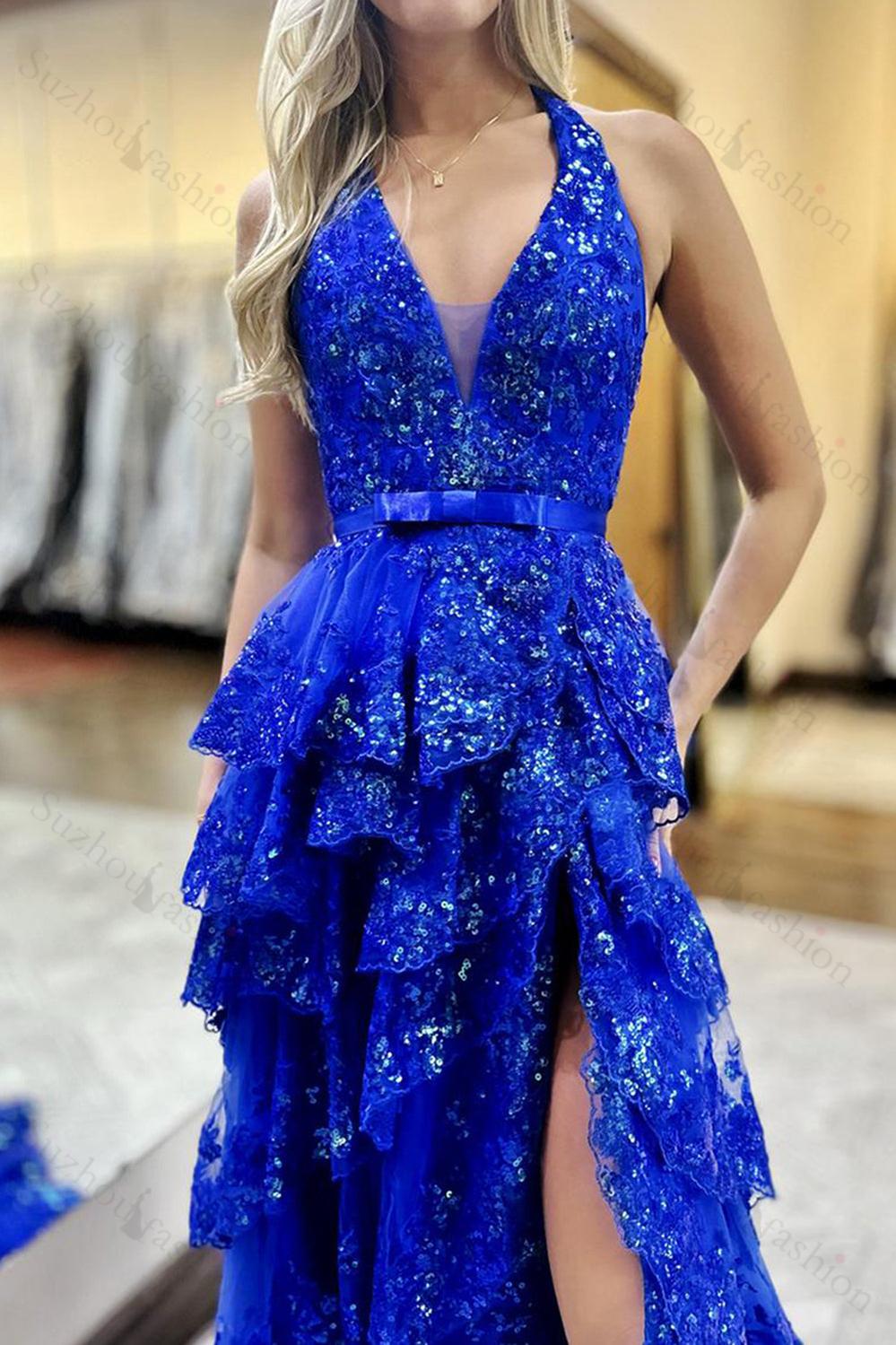 Ruffled Royal Blue Prom Dress Halter Appliqued Formal Dress With Slit