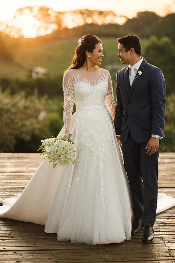 Rustic Lace Long Sleeves Tulle Wedding Dress With Detachable Satin (ZD16191)