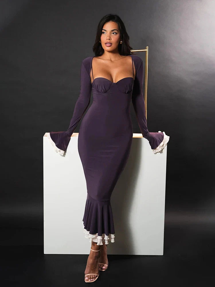 Patchwork Square Collar Evening Fishtail Dress