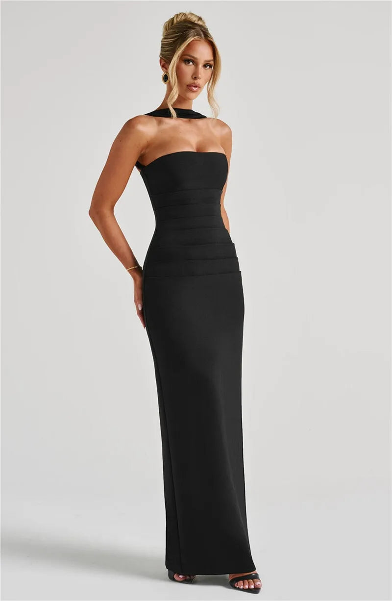Scarf Collar Strapless Off - shoulder Long Dress