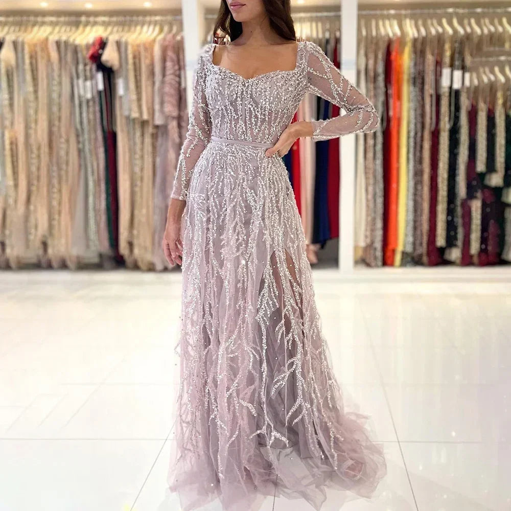 Zapdress Customized Pink Long Sleeves Mermaid Split Beaded Two Pieces Evening Dresses 2025 Party Gowns For Women (ZD17350) - VelvetHem