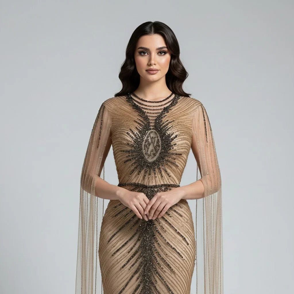 Zapdress Luxury Beaded Mermaid Evening Dresses with Cape Sleeves Caramel Formal Party Gown for Women Customized (ZD17180)