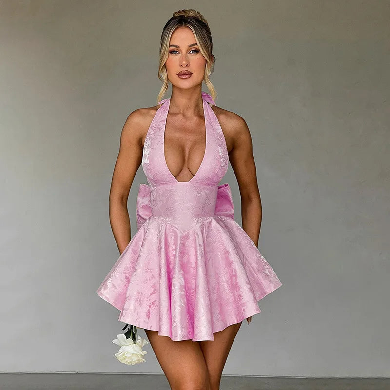Women's Bow Deep V Halter Backless A - line Dress