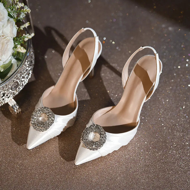 Luxury Rhinestones Satin Pleated Women Pumps Elegant Pointed toe Thin High heels Spring Summer Female Slingbacks Party Shoes