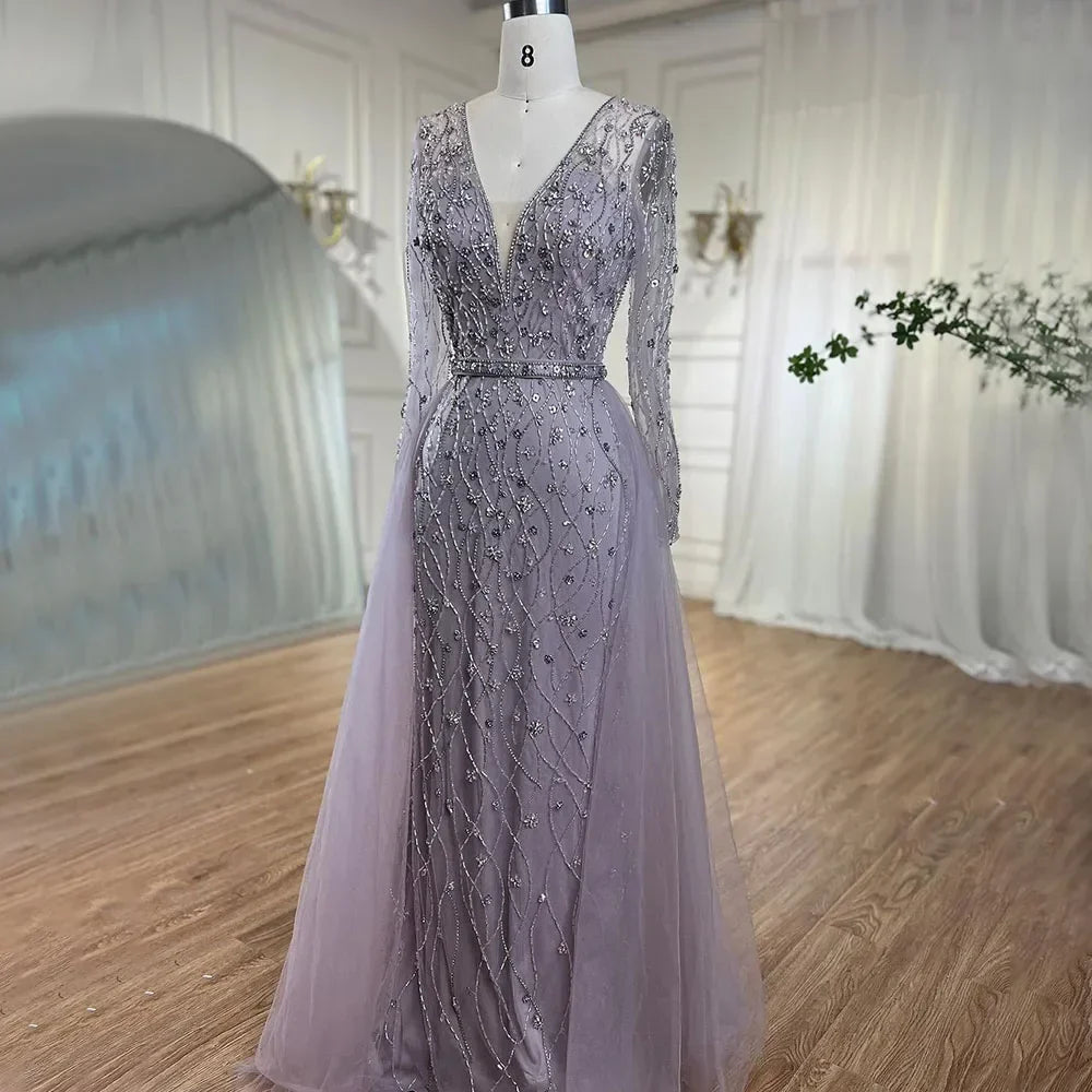 Zapdress Lilac V-Neck Long Sleeves Mermaid Beaded Evening Dress Detachable Overskirt Party Gown for Women (ZD17366) - VelvetHem