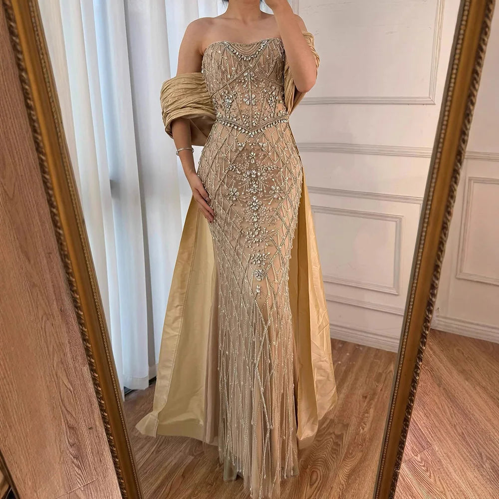 Zapdress Nude Strapless Off Shoulder Mermaid Overskirt Evening Dress Beaded Party Gowns for Women 2025 Customized (ZD17226)