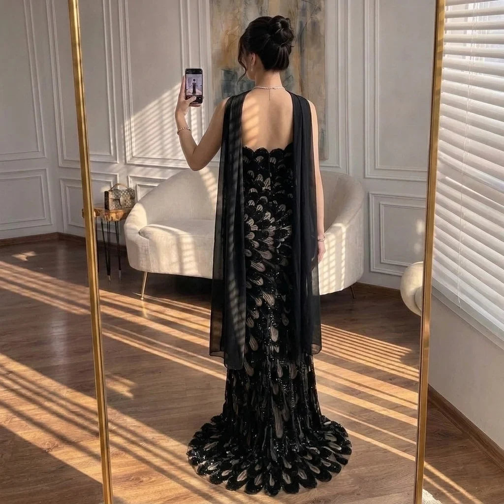 Zapdress 2026 Black Strapless Mermaid Evening Dress with Scarf Elegant Formal Party Gowns for Women DLA73607 Customizedf (ZD17227)