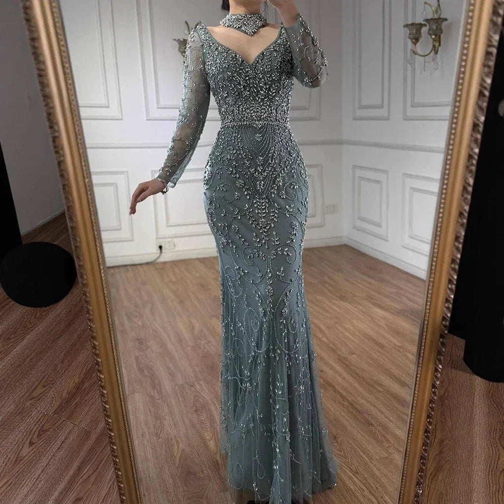 Zapdress Customized Turquoise Evening Dresses with Neck Lace 2026 Long Sleeves Mermaid Beaded Elegant Party Gowns DLA73042B (ZD17172)