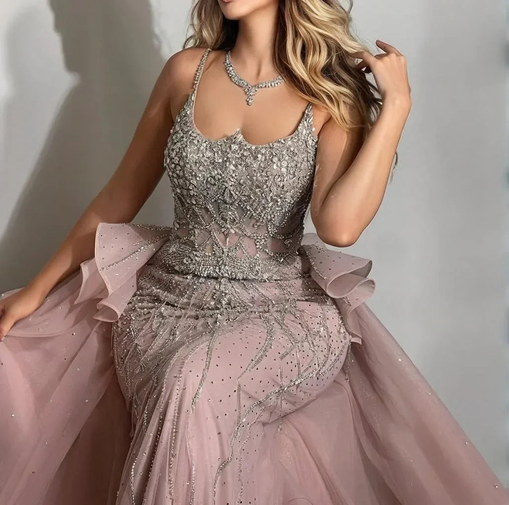 Zapdress Pink Spaghetti Strap Mermaid Beaded Evening Dresses with Overskirt Formal Party Gowns for Women DLA72810 Customized (ZD17232) - VelvetHem