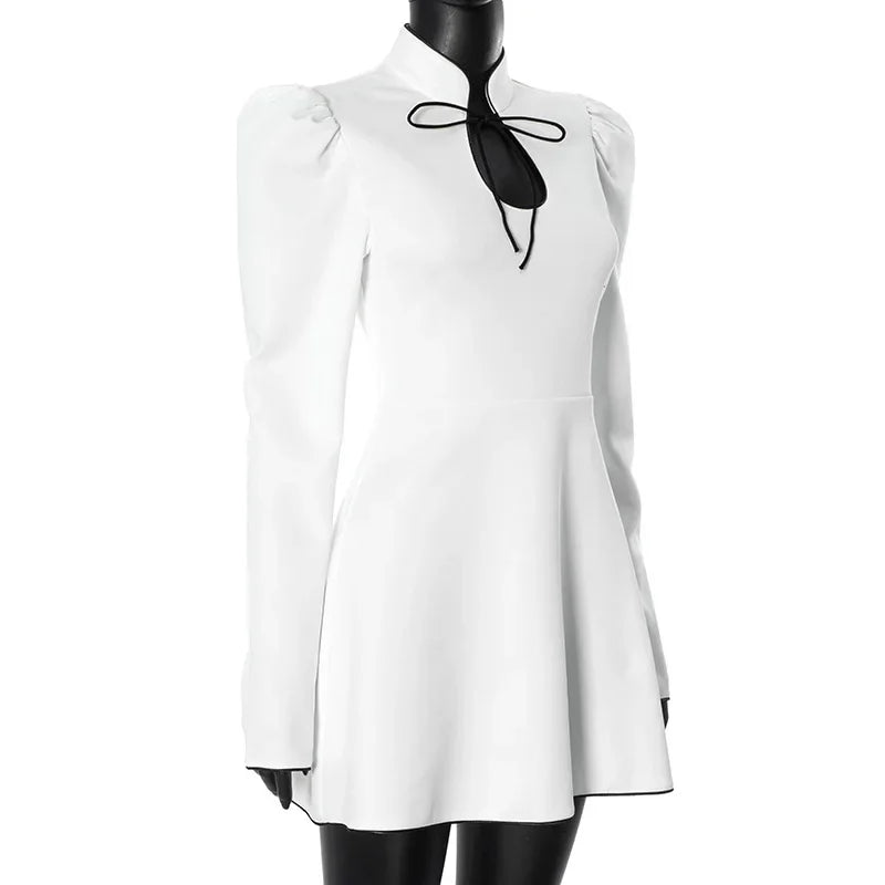 Women's Lace - Up White V - Neck A - Line Short Dress