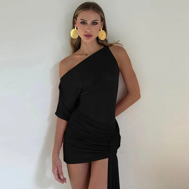 Oblique - Shoulder Backless Irregular Draped Dress