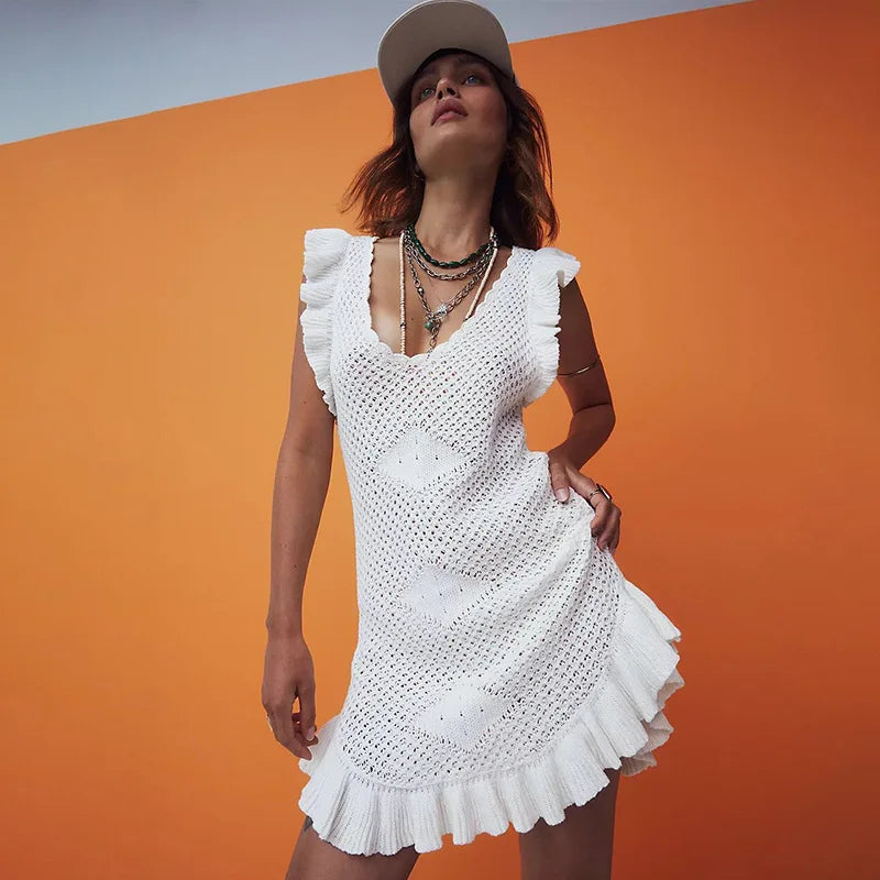 Ruffled Crochet Hollow Out Knit Beach Mini Dress