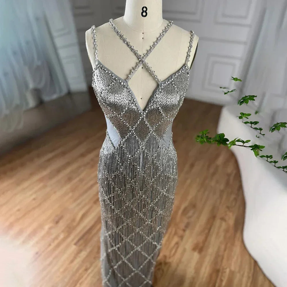 Zapdress Silver Mermaid Gold Evening Gowns Luxury Beaded Tassel Spaghetti Strap Party Dresses For Women DLA72280 Customized (ZD17197)