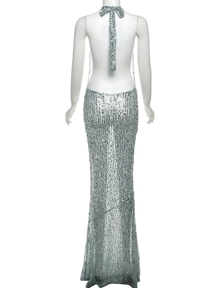 Sequins Crochet Halter Swinging Neck Long Dress