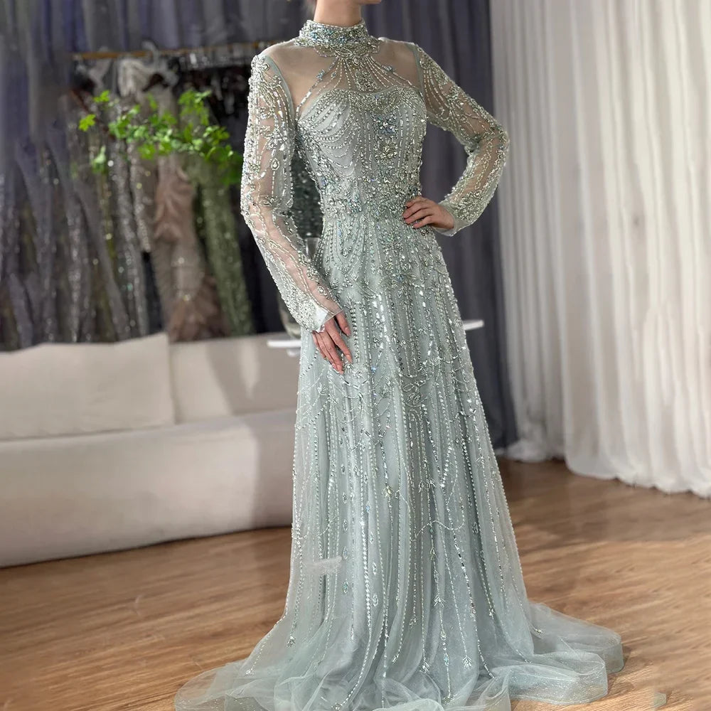 Zapdress Caramel A-Line Long Sleeves Muslim Evening Gowns Luxury Beaded Party Dress for Women 2025 Customized (ZD17270)
