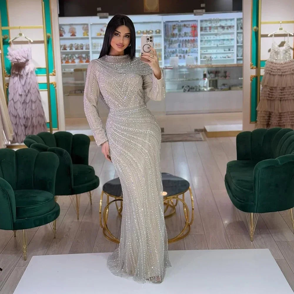 Zapdress 2025 Muslim-inspired Silver Nude Beaded Sparkle Elegant Mermaid Evening Dresses Gowns for Party DLA70752H Customized (ZD17353) - VelvetHem