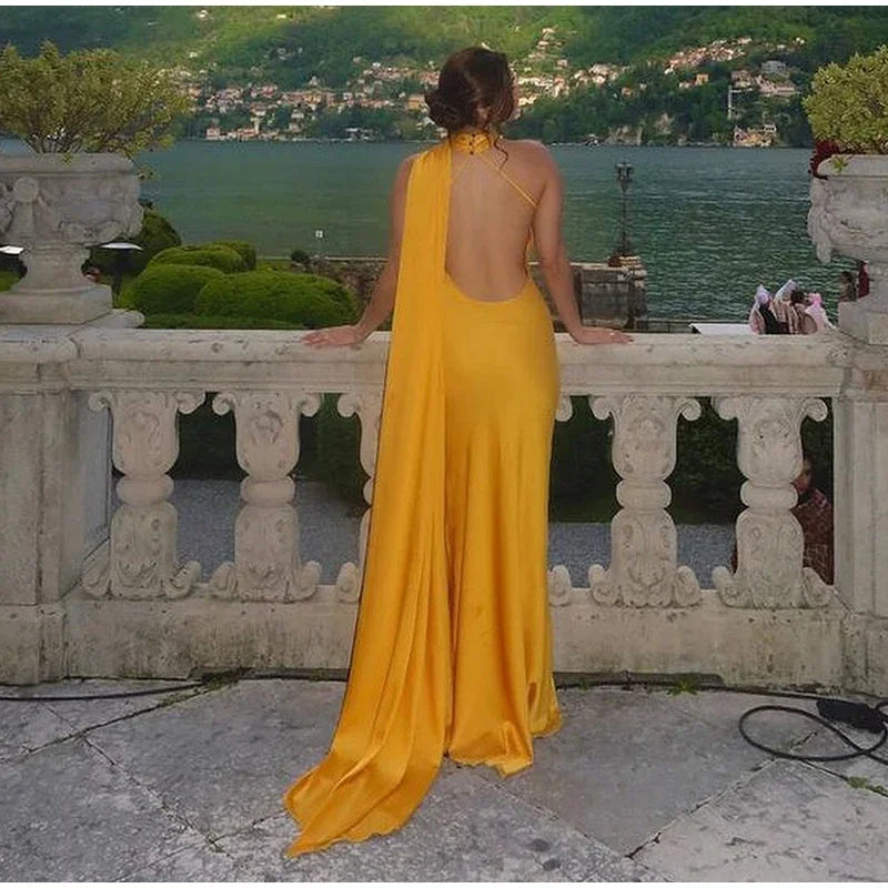 Yellow Satin Backless Lace - Up Off - Shoulder Maxi Dress