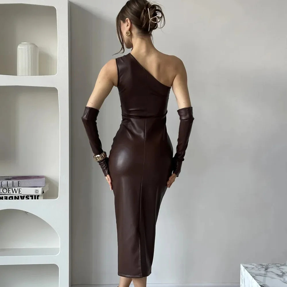 Off - Shoulder Strapless Faux Leather Patchwork Dress