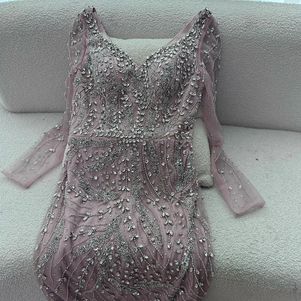 Zapdress Pink V-neck Long Sleeves Mermaid Luxury Beaded Evening Dress 2026 Wedding Party Gowns DLA73191 Customized (ZD17300) - VelvetHem