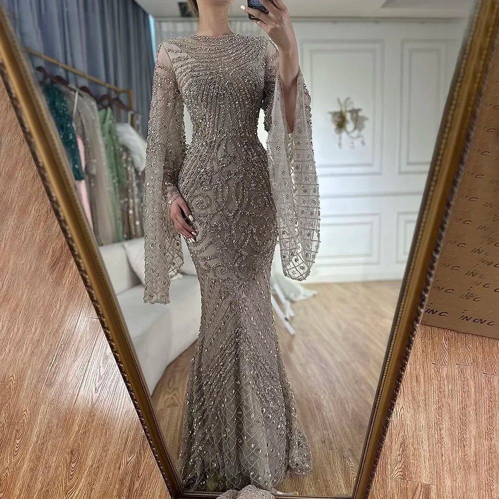 Zapdress 2025 Flared Sleeves Caramel Beaded Dubai Mermaid Evening Dresses Gowns for Party DLA72771 Customized (ZD17272) - VelvetHem