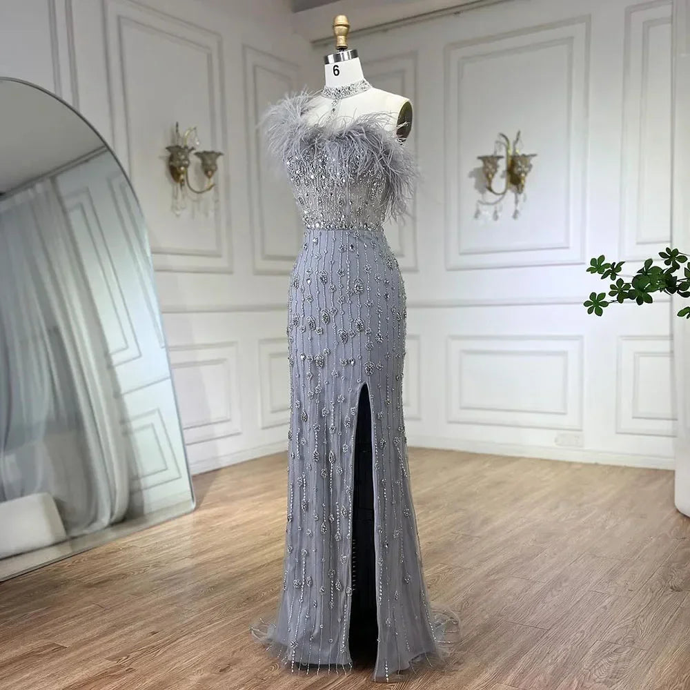Zapdress Customized 2025 Gray Halter Feathers Beaded Mermaid High Split Evening Dresses Formal Party Gowns for Women (ZD17379) - VelvetHem