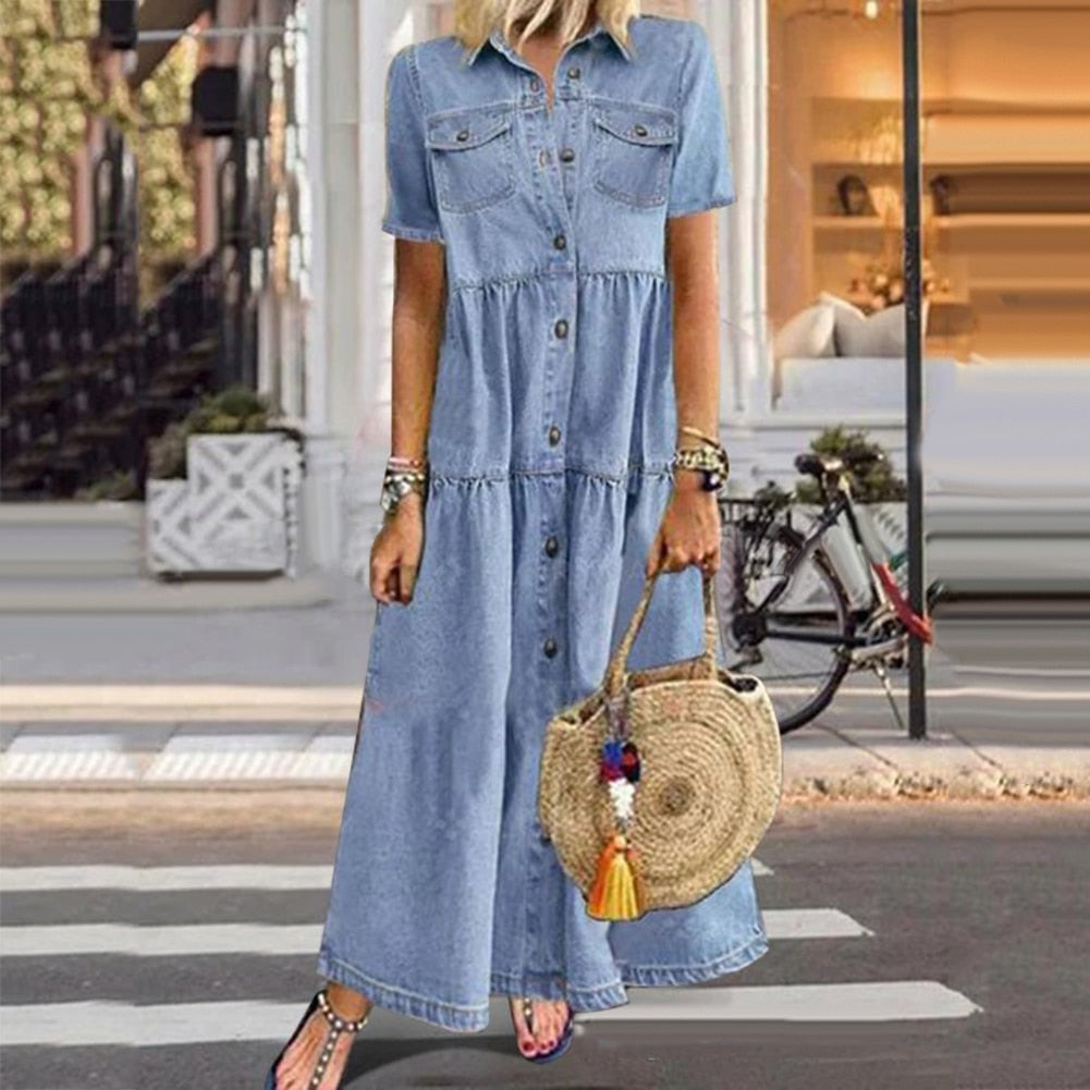 Soledad Minimalist Chic Denim Maxi Dress Silhouette Collection