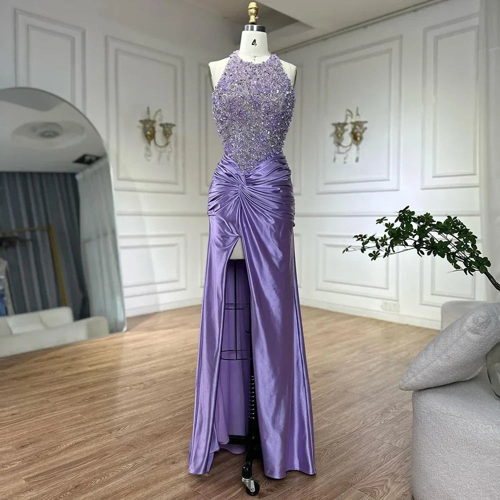 Zapdress Customized 2025 Lilac Halter Side Slit Mermaid Evening Gown Wedding Party Bridesmaid Dress for Women (ZD17315) - VelvetHem