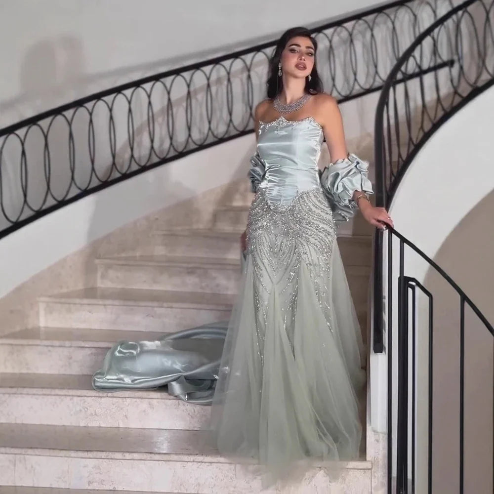 Zapdress Luxury Sage Green Mermaid Evening Dress with Cape 2026 Elegant Beaded Party Gowns for Women DLA73201 Customized (ZD17322)
