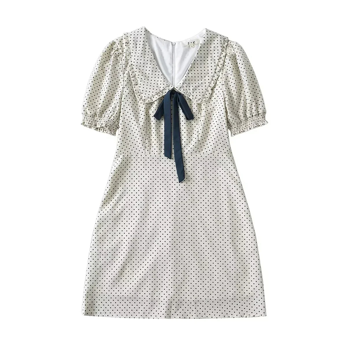 Short Puff Sleeve Bow Detail Dots Print Mini Dress