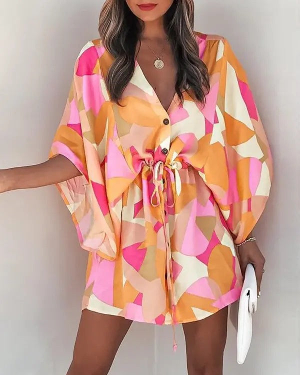 Casual Flora Print Batwing Sleeve LaceUp Dress