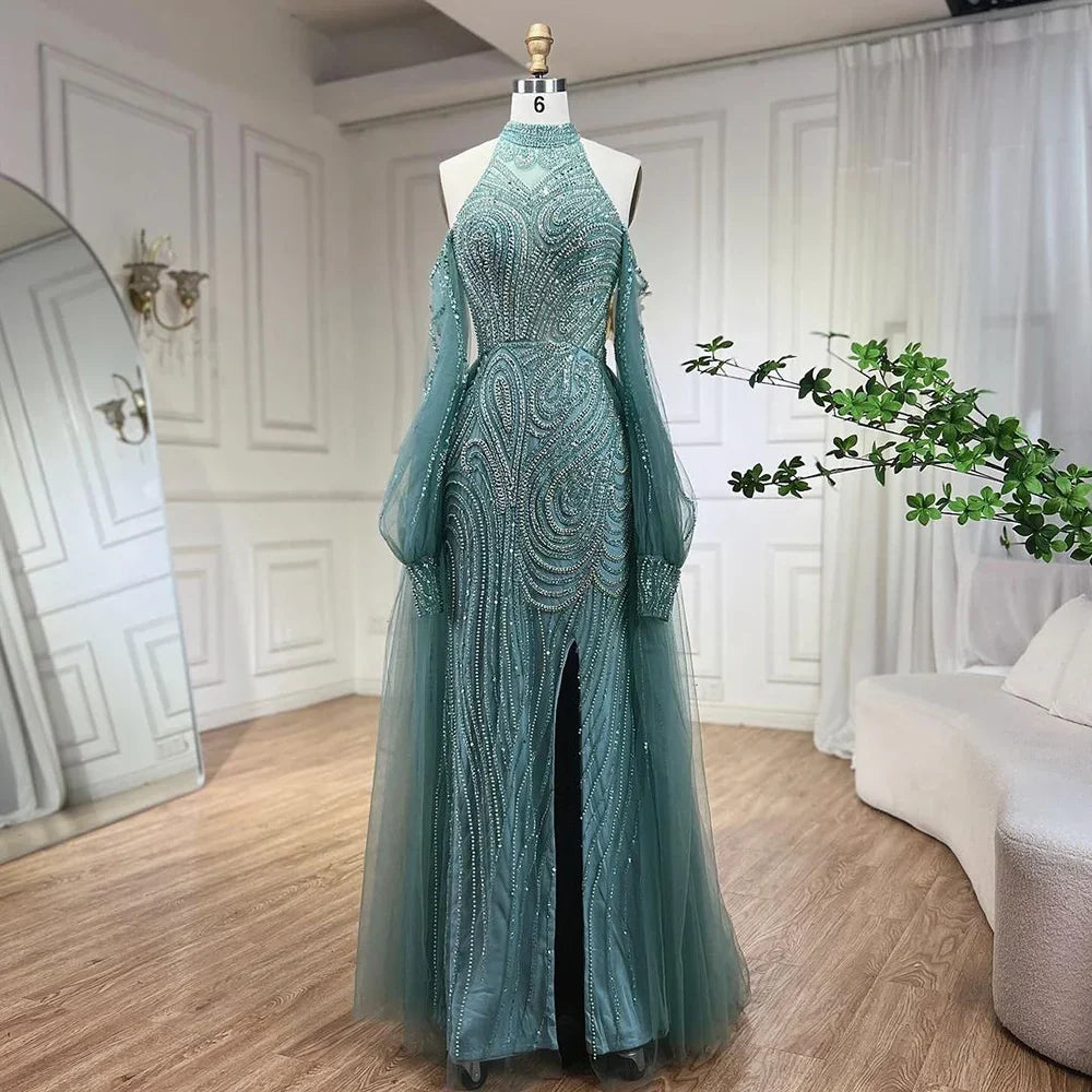 Zapdress Customized 2026 Turquoise Mermaid Overskirt Beaded Evening Dresses Elegant Party Gowns For Women Wedding (ZD17334) - VelvetHem